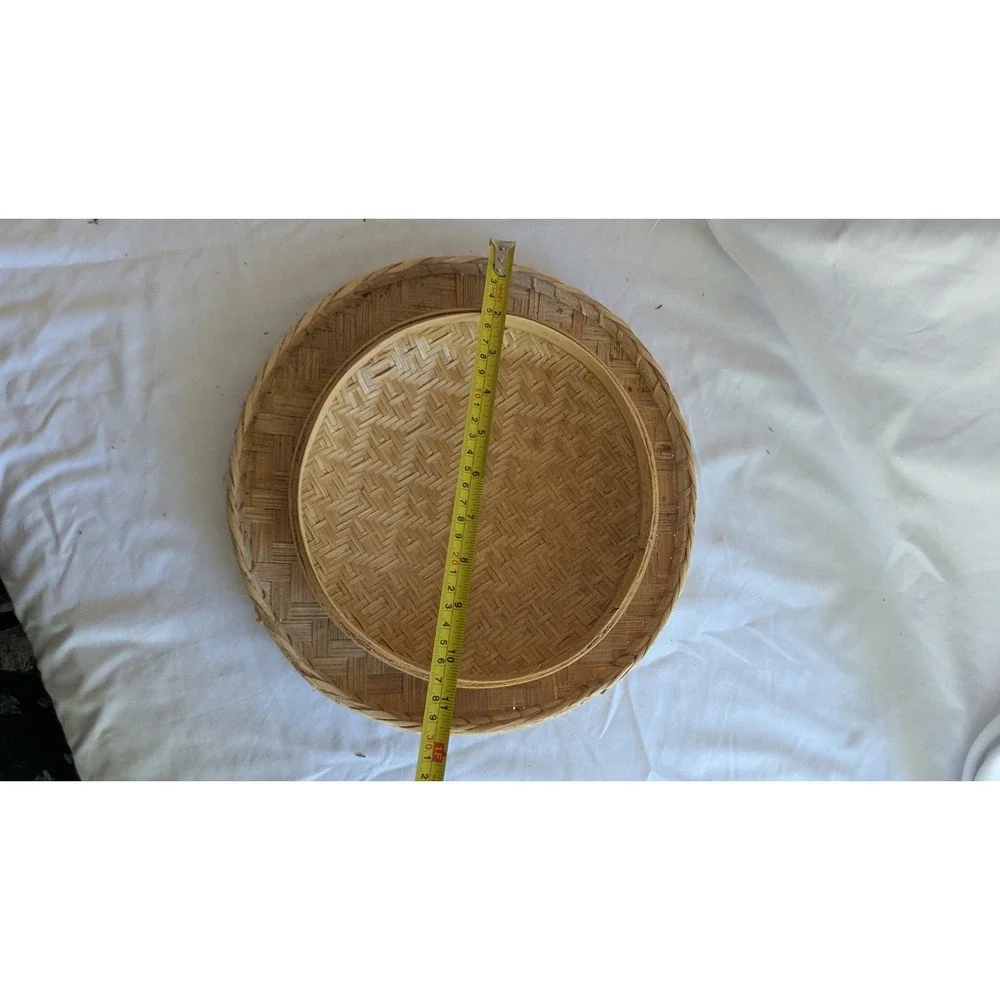Vintage Handwoven Bamboo Winnowing Baskets Set of 2 Round Boho Wall Decor Trays